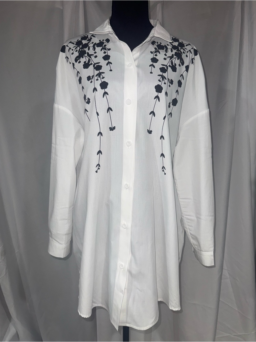 Zanzea White Button-Down Tunic with Black Floral Vine Print